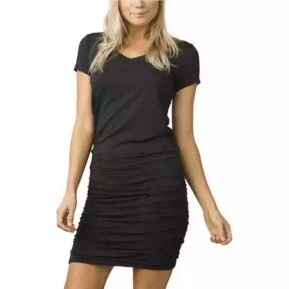 PrAna Womens Foundation Black Short Sleeve Ruched Dress V Neck size XS - Picture 1 of 14